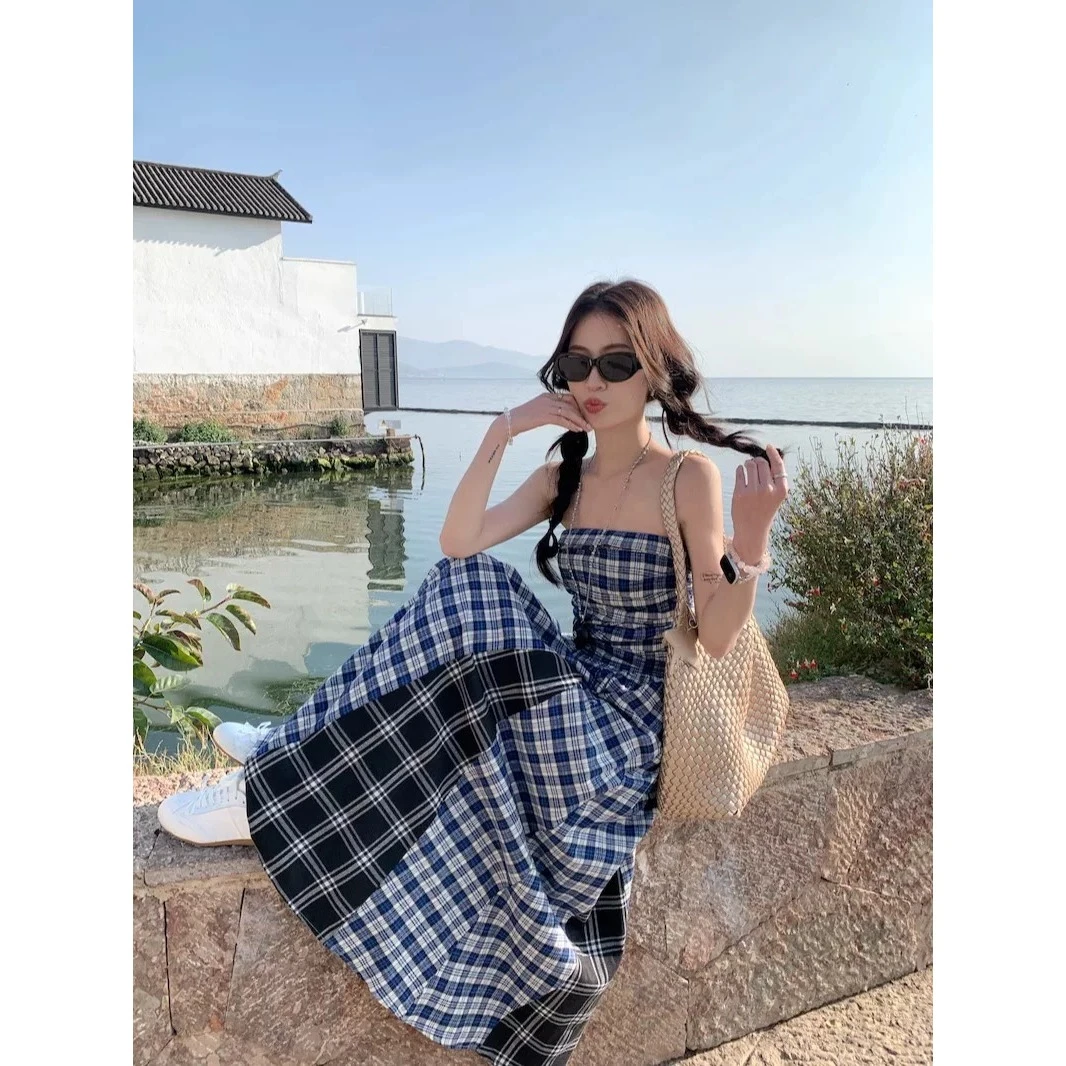 1918休闲温柔风女春季收腰显瘦蓝色长裙复古法式时尚连衣裙女