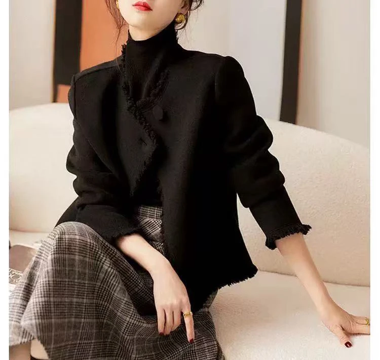 小香风双面呢短款流苏外套圆领大衣