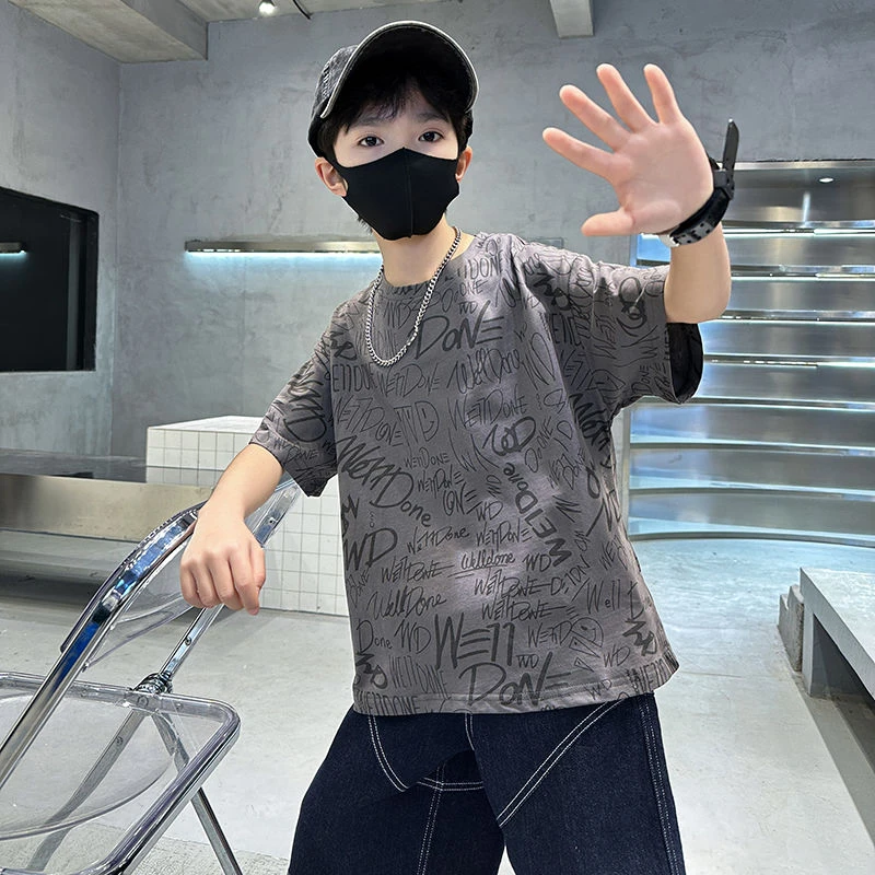 新款夏季宽松男孩洋气短袖纯棉潮流小孩衣服字母印花时尚潮童上衣