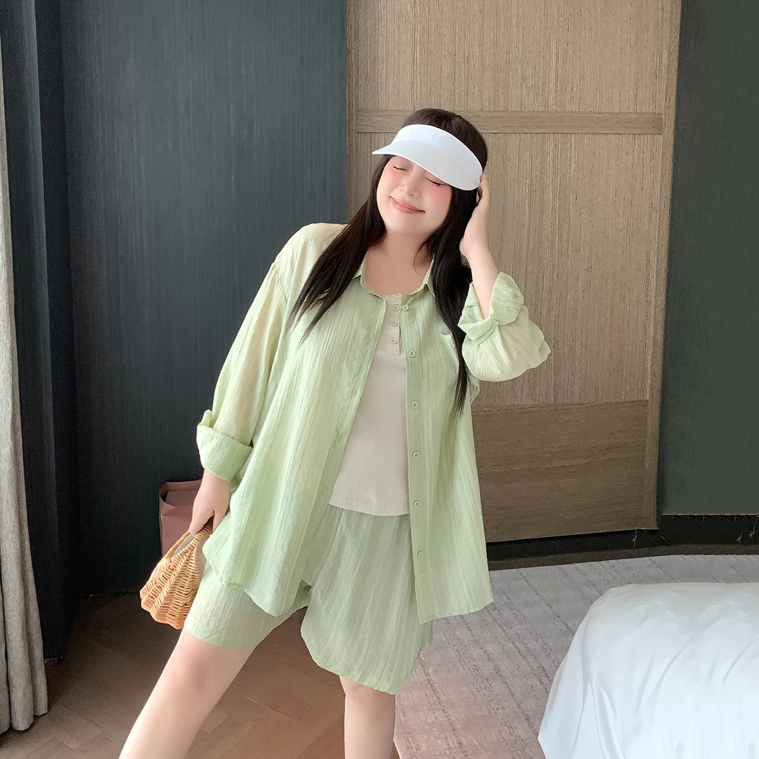 肉肉小姐大码女装夏季新品薄款长袖防晒衬衫上衣高腰短裤两件套