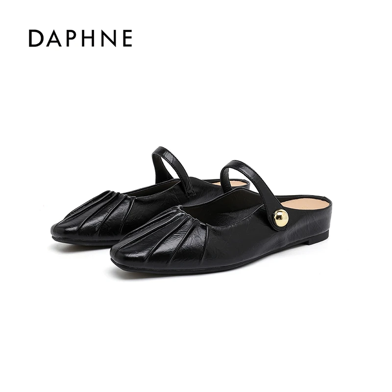 达芙妮褶皱气质包头半拖鞋女2025秋季新款高跟凉拖鞋真皮防滑单鞋