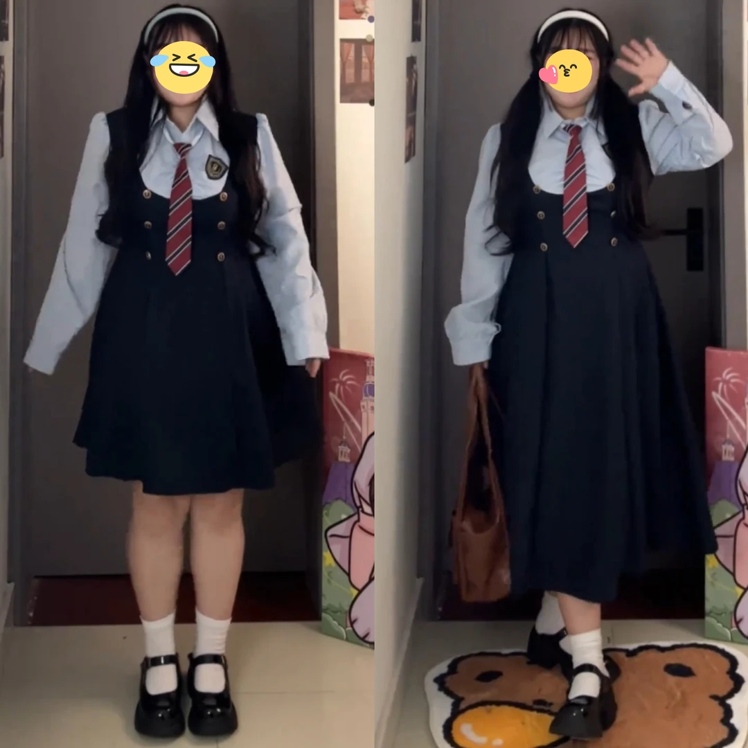 大码胖mm假两件连衣裙女秋季新款学院风长袖收腰显瘦气质a字裙子
