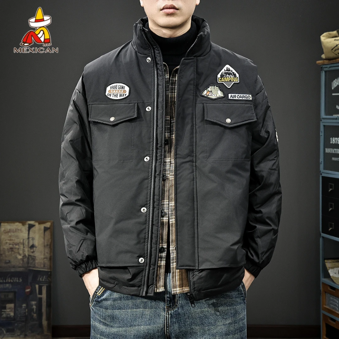 Mexican/稻草人冬季鸭绒工装羽绒服男款潮牌休闲加厚保暖立领外套