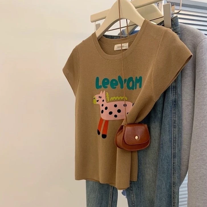 夏季冰丝针织衫卡通上衣女洋气宽松显瘦薄款印花正肩毛织短袖t恤