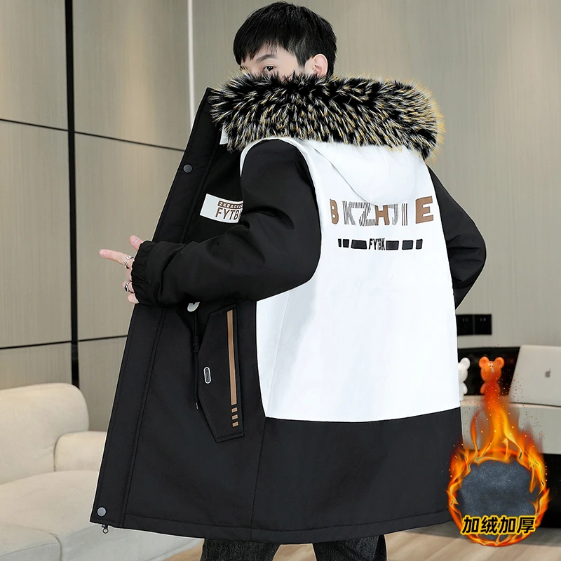 冬季加厚男士潮流青少年中长款保暖夹克衣服加绒派克服外套棉衣服