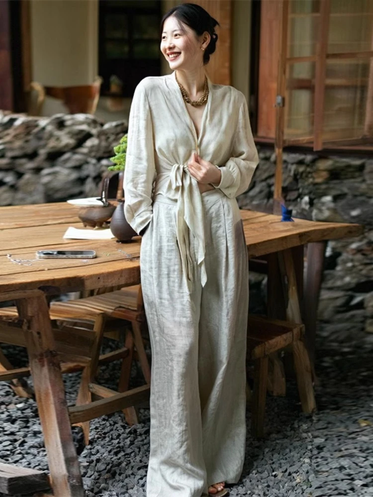 老钱风气质亚麻套装女夏季轻熟风绑带收腰无袖上衣阔腿长裤两件套
