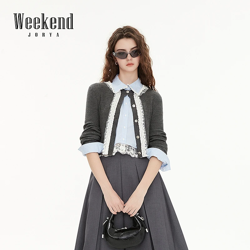 卓雅周末25春新款圆领蕾丝花边修身单排扣绵羊毛针织开衫R200329A