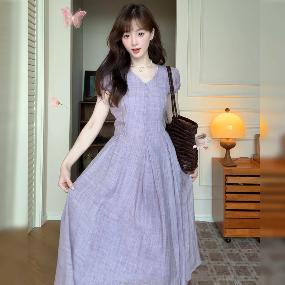 4644紫色短袖连衣裙女夏高级感裙子巨好看的多巴胺掐腰裙长裙