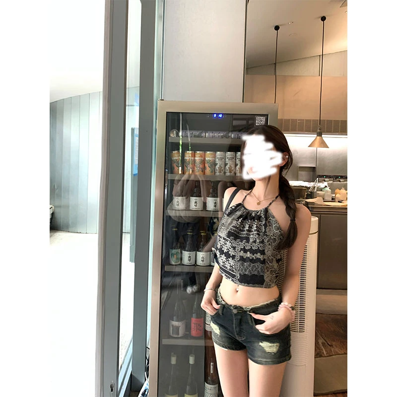 【西西里胶卷】夏季新款纯欲露背印花挂脖上衣配牛仔短裤/阔腿裤女
