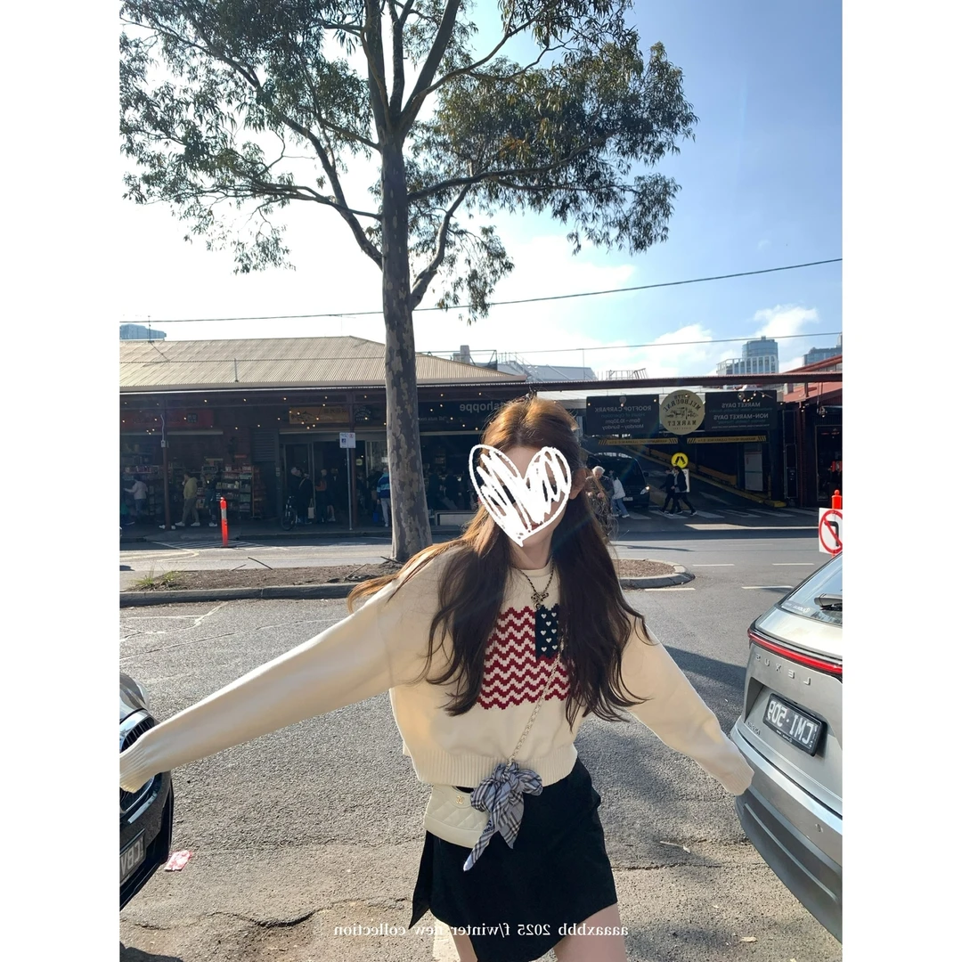 美式复古圆领毛衣长袖女2025秋季新款百搭韩系小众休闲慵懒上衣女