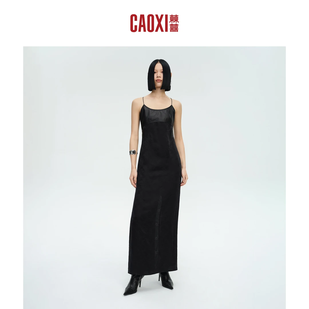 CAOXI㯥囍 拼接长款吊带连衣裙100%桑蚕丝提花真丝法式早春新款
