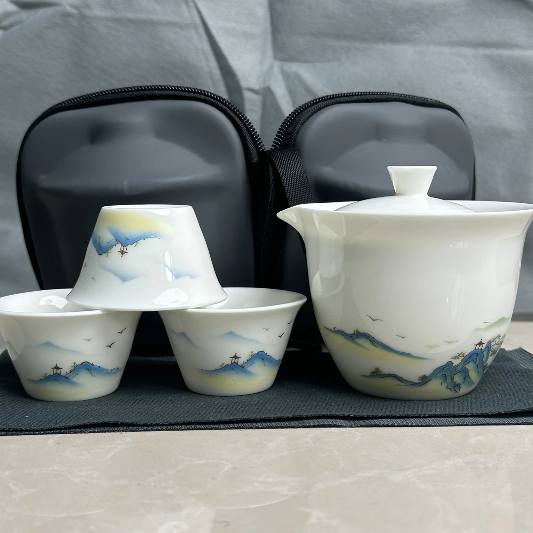 A13德化白瓷金庭山水快客一壶三杯羊脂玉旅行茶具套装