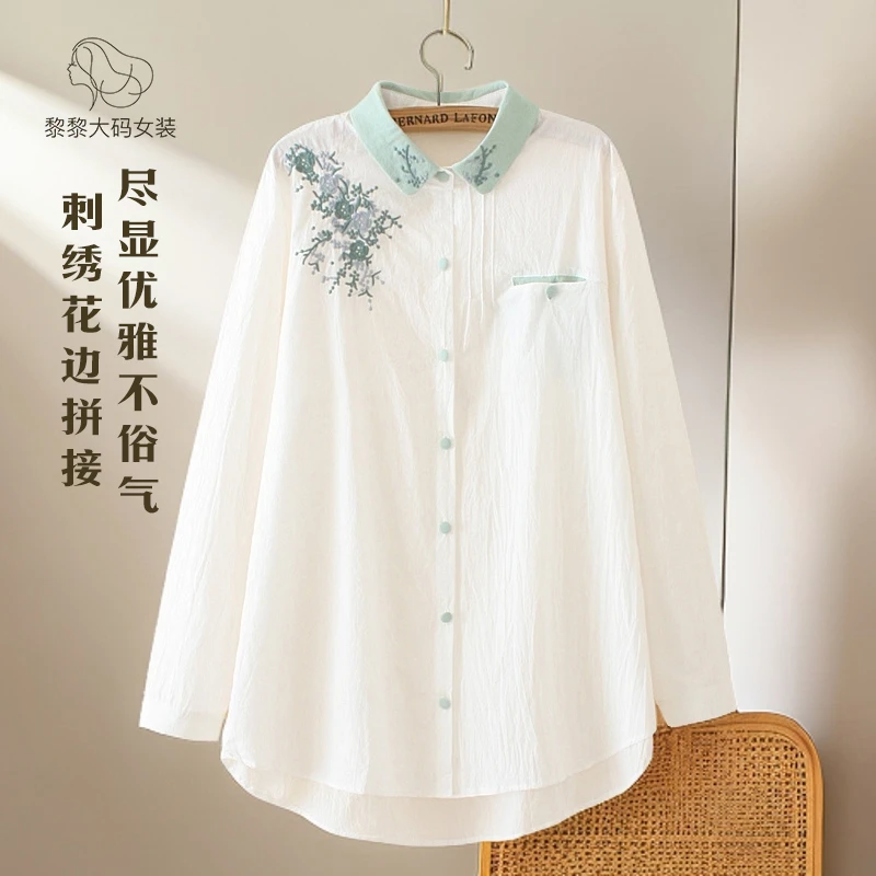 新潮风中年胖妈妈装纯棉衬衣大码宽松洋气刺绣女士纯色长袖衬衫棉