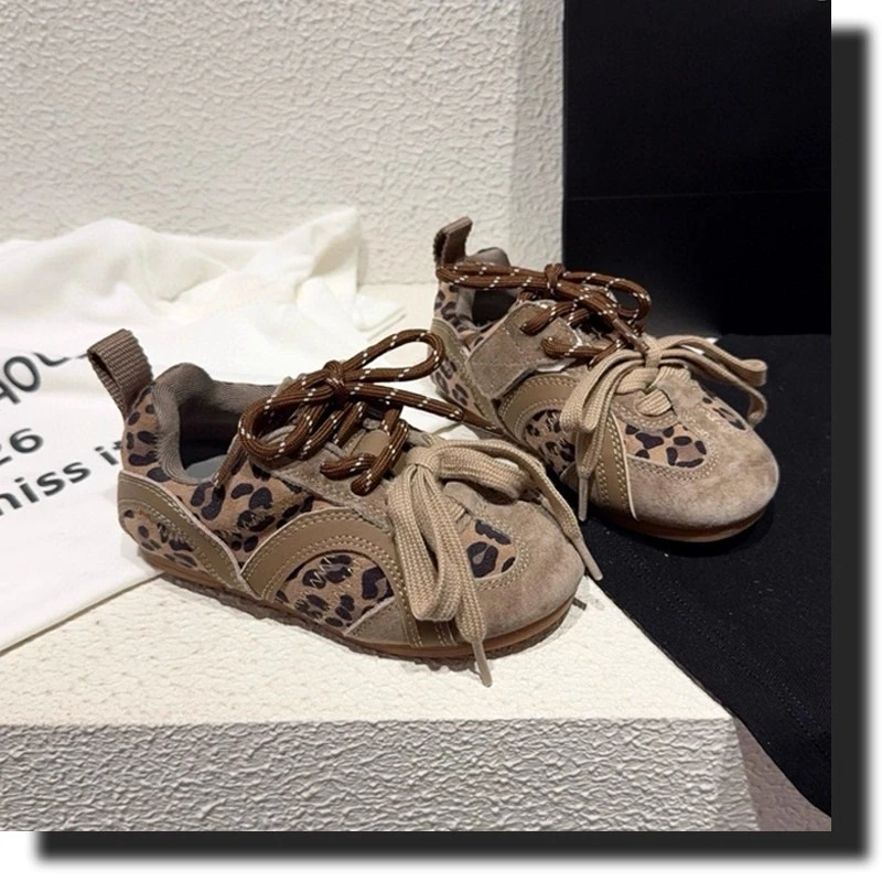 豹纹双鞋带童鞋2025软皮儿童德训鞋女童 鞋子秋季新款女童运动鞋