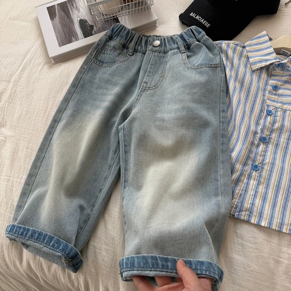 男童牛仔裤2025新款儿童百搭春秋装女童裤子中小童直筒阔腿拖地裤