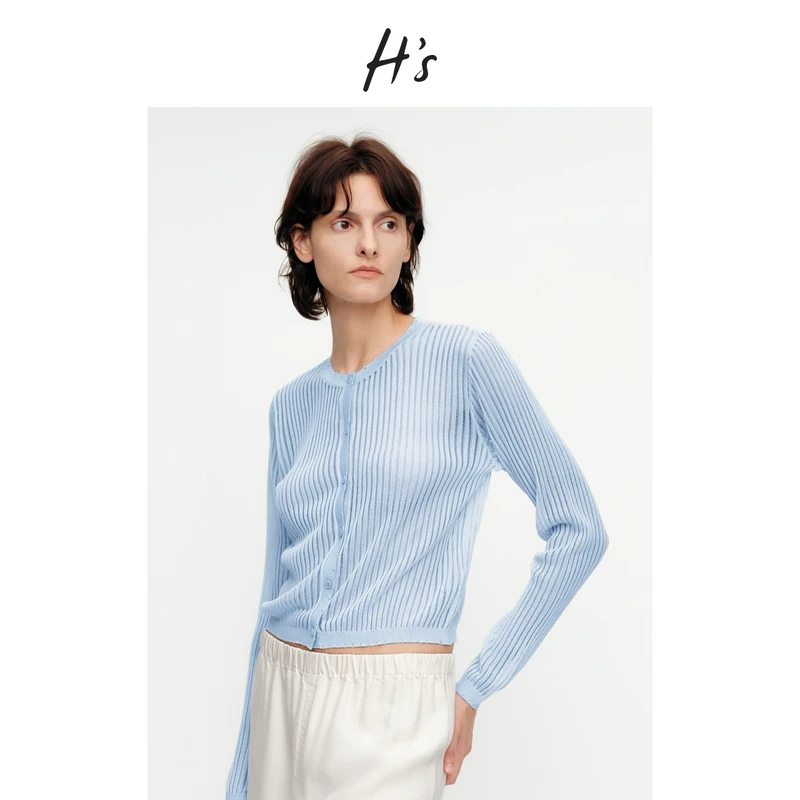 H'S针织开衫女25年秋新款高级肌理设计微透镂空条纹透气薄款罩衫