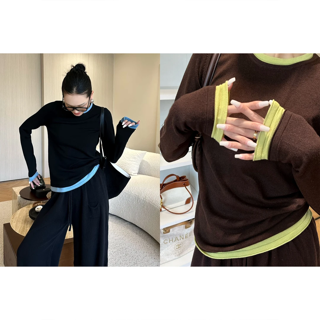 紫紫  不迎合毛衫 绵羊毛撞色假两件圆领长袖针织衫ZD09SMHJ220