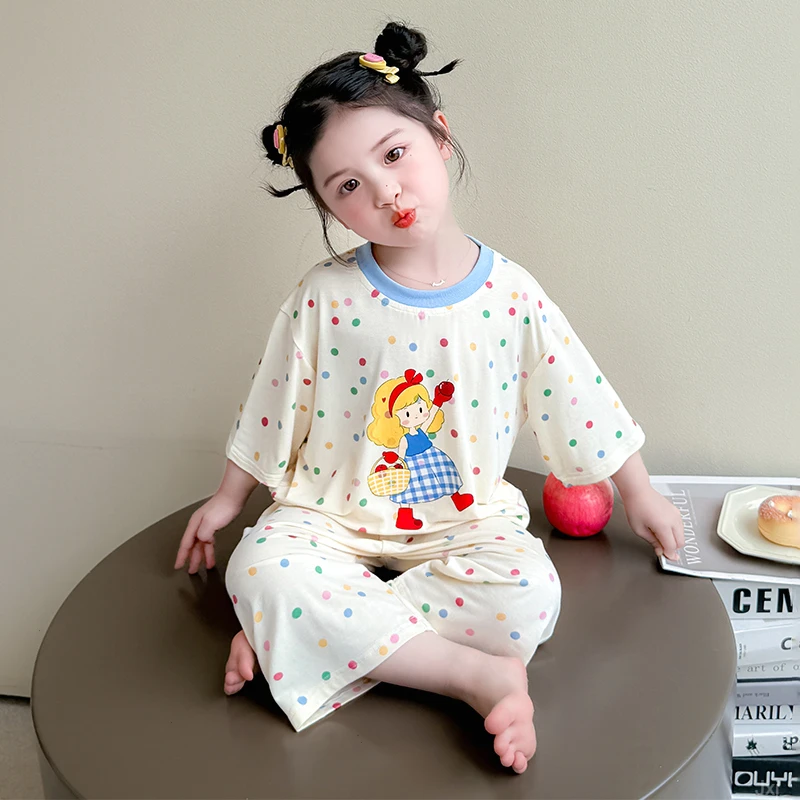 2025新款夏季女童睡衣莫代尔薄款短袖女宝宝空调服女孩儿童家居服