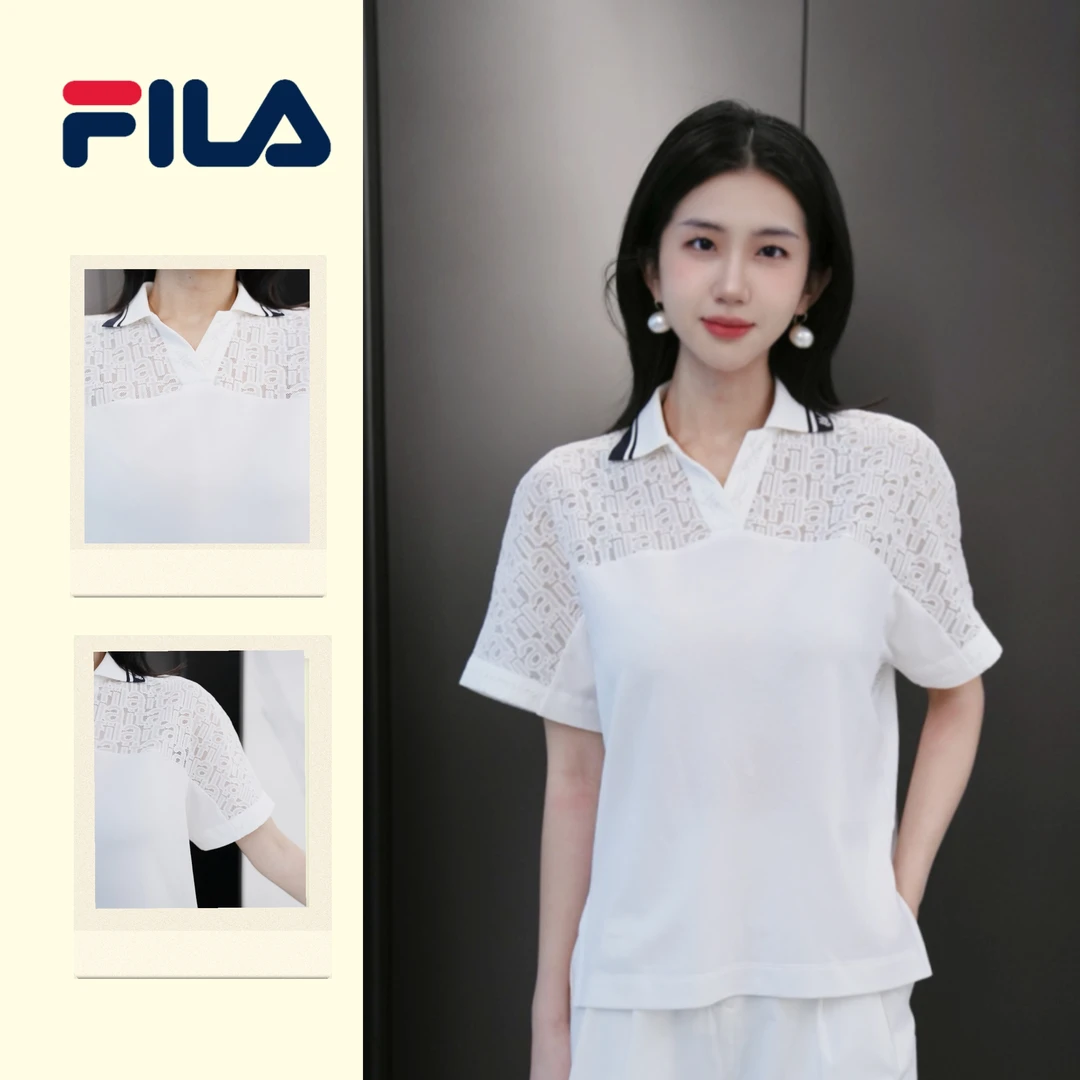 FILA/斐乐【凉感水蕾丝】女装夏季新款透气翻领针织短袖F11W434101F