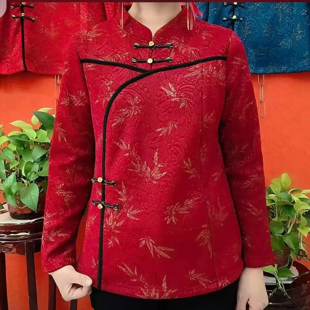 （运费险）秋冬季加绒时尚保暖打底衫盘扣小立领复古民族风中年妈妈