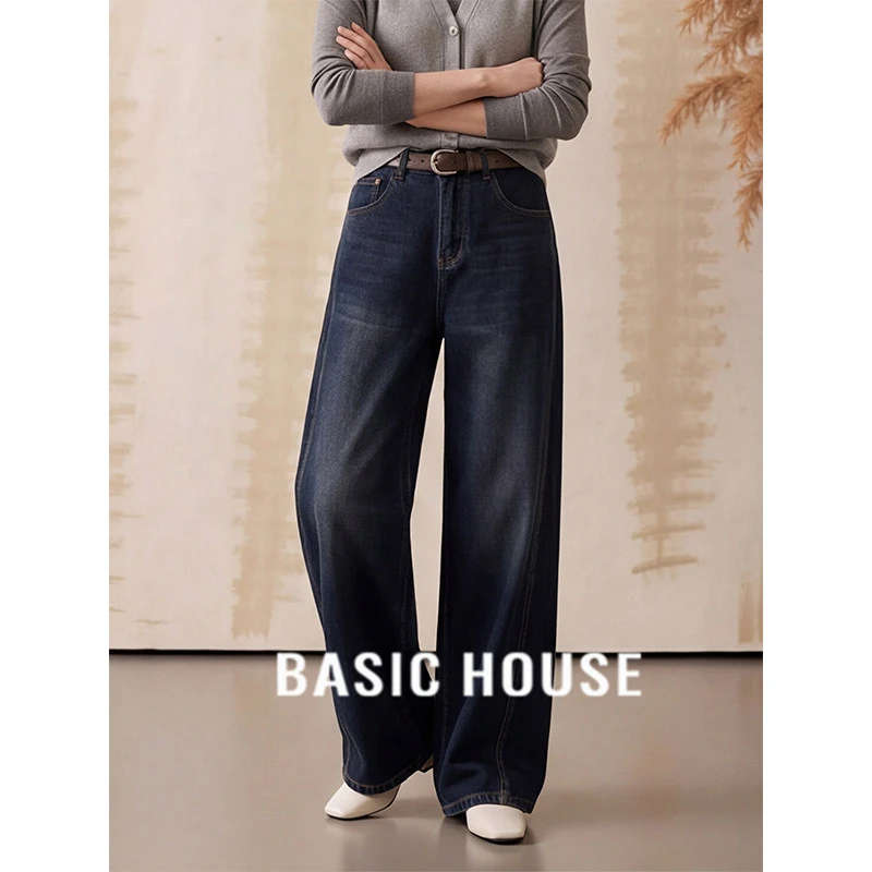 Basic House/百家好复古阔腿牛仔裤高腰宽松显瘦直筒裤女2025冬季