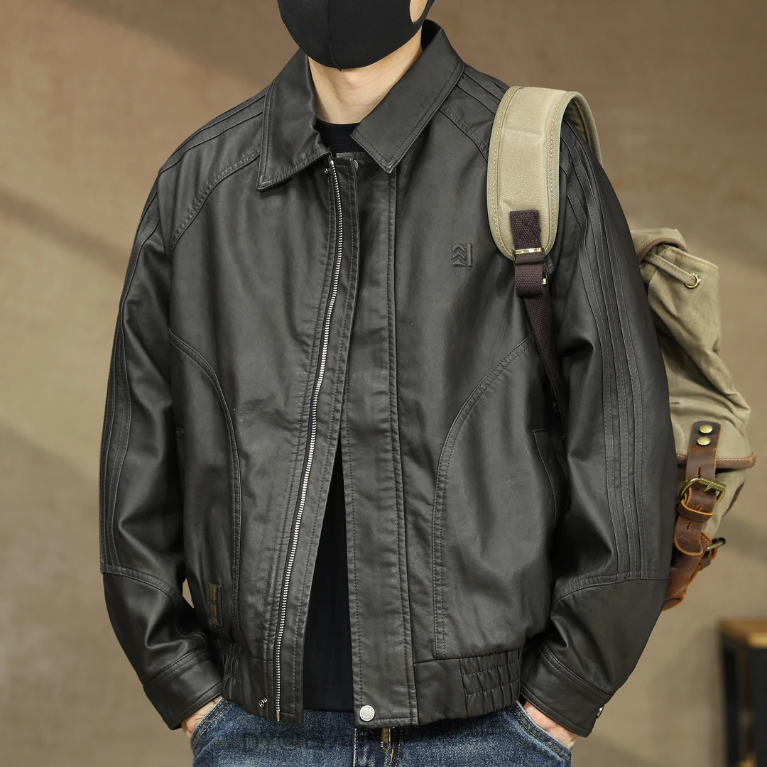 美式高端复古痞帅PU皮夹克男秋冬加绒宽松痞帅机车皮衣短款外套男