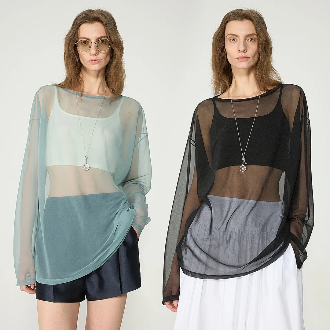 开间/时髦B入 日本进口薄透针织弹力网纱宽松罩衫吊带套装