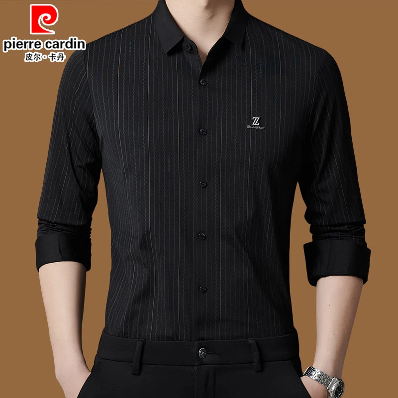 皮尔卡丹弹力长袖条纹衬衫休闲中青年薄款商务男装抗皱春秋衬衣