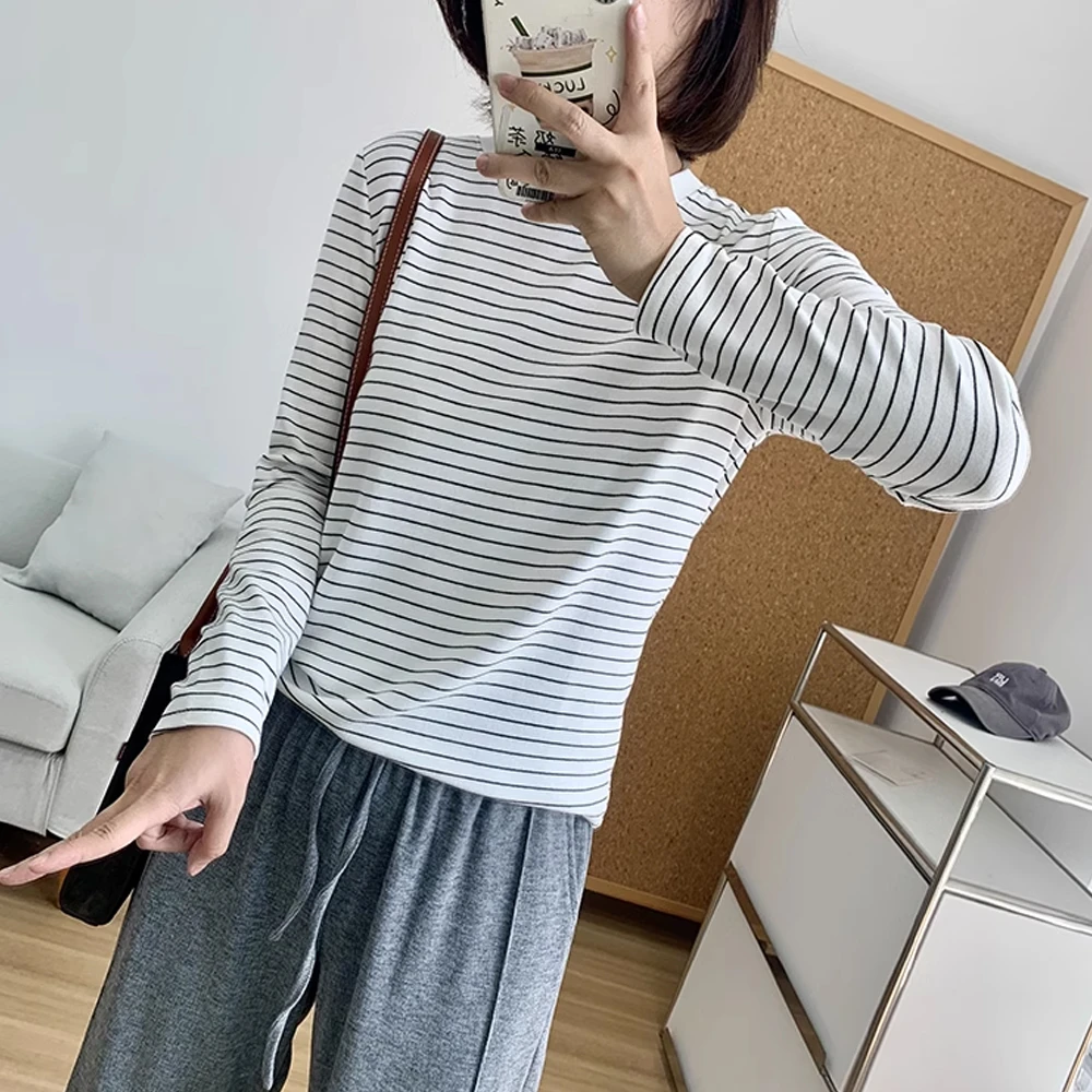 条纹长袖T恤女2025春秋新款宽松韩版内搭打底衫休闲棉质圆领上衣