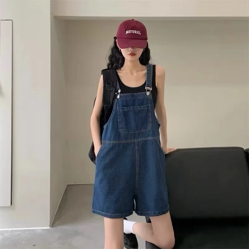 25年背带裤薄款短裤夏季牛仔裤显瘦套装百搭阔腿裤子小个子