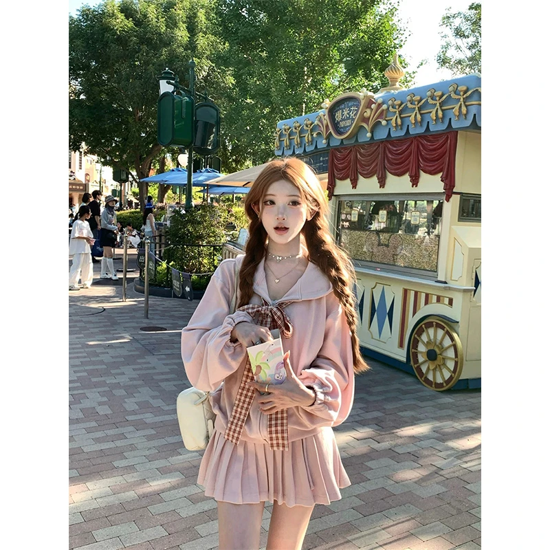 2025秋季新款韩系甜美风粉色长袖开衫外套女配高腰显瘦百褶半身裙