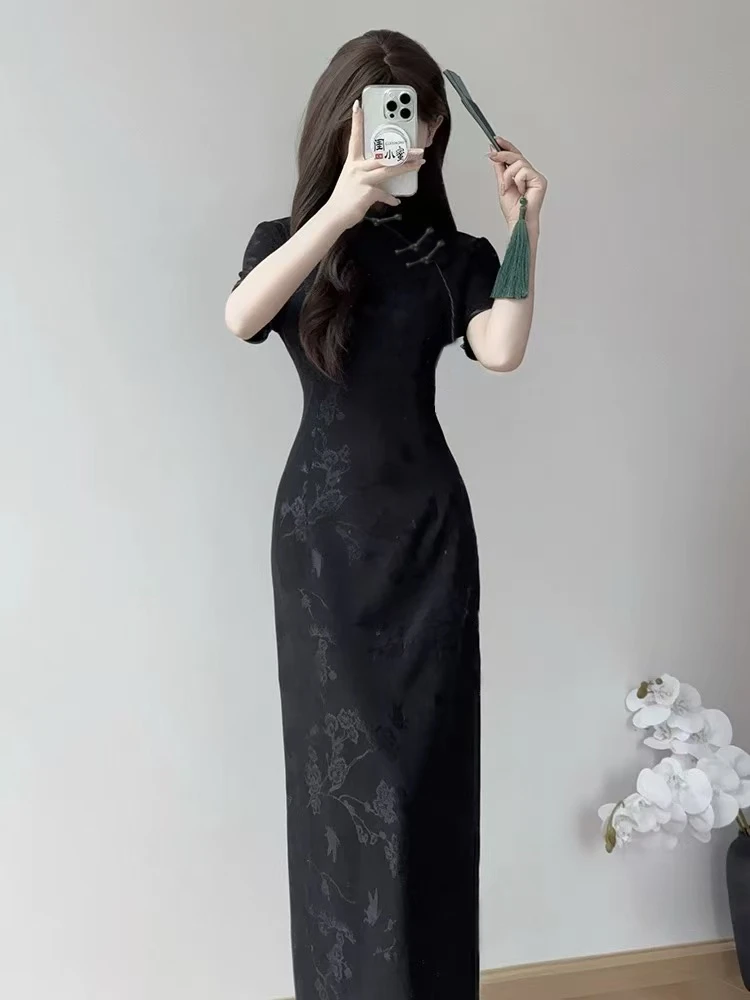 0473 黑色 素板 暗纹 【黑影】夏季 旗袍