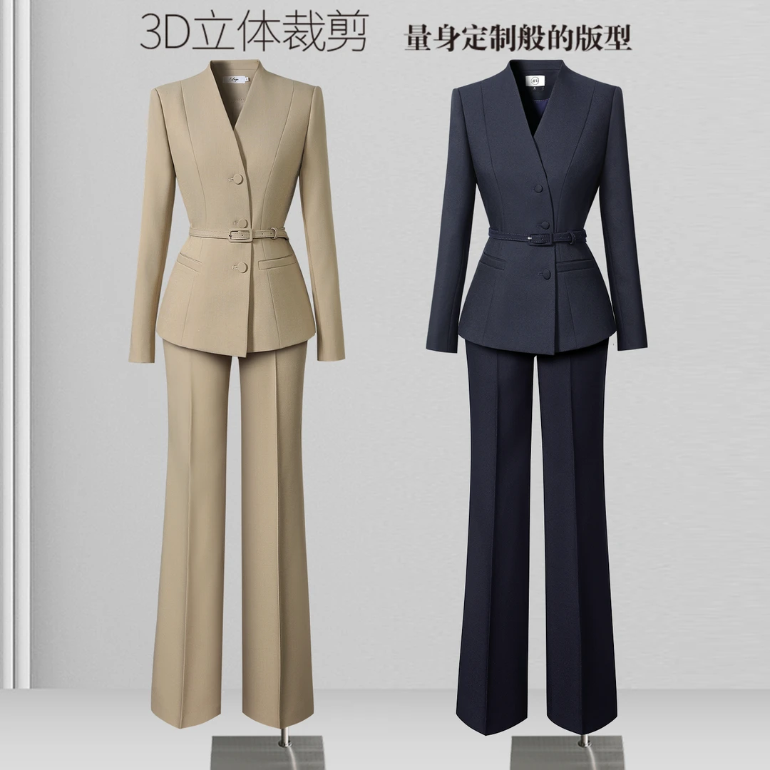 轻熟风长袖V领职业设计师休闲西装衬衫袖常规款时尚套装正装
