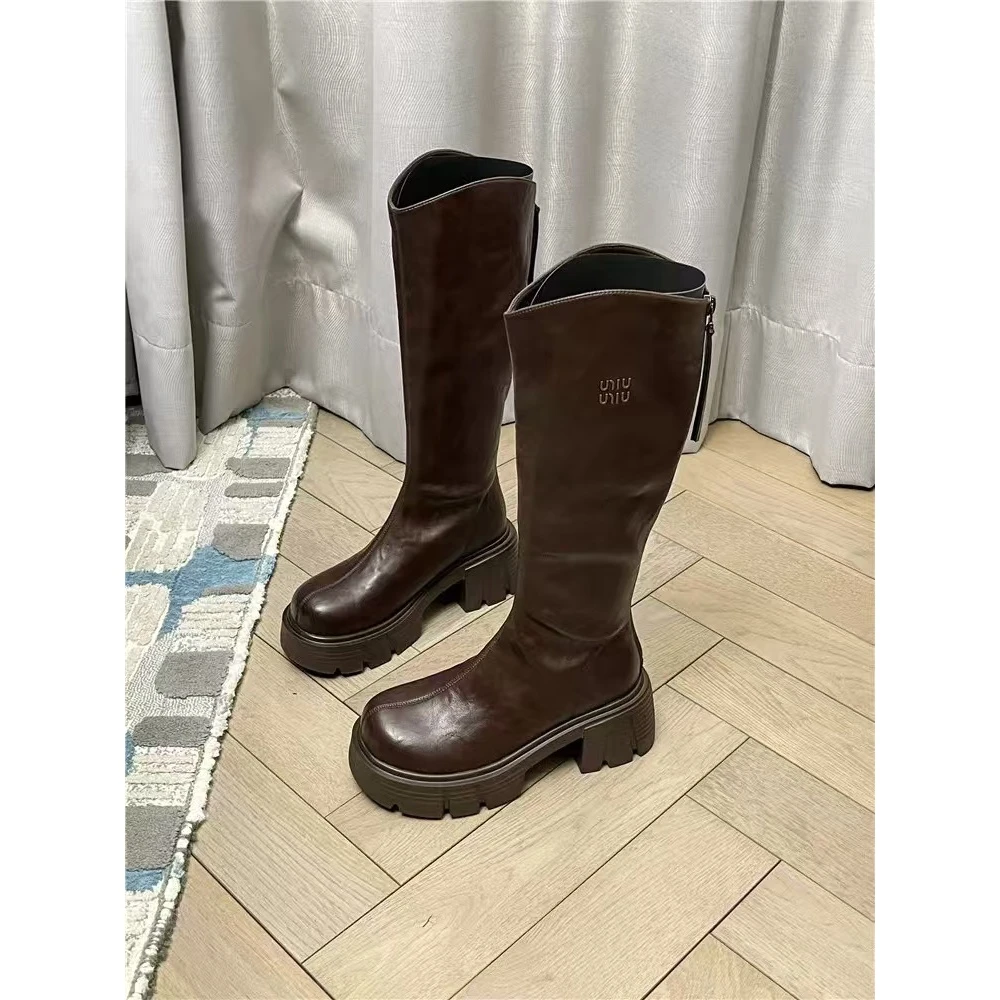 2024新秋冬复古小个子v口骑士靴子厚底不过膝长靴加绒O2-0387-21