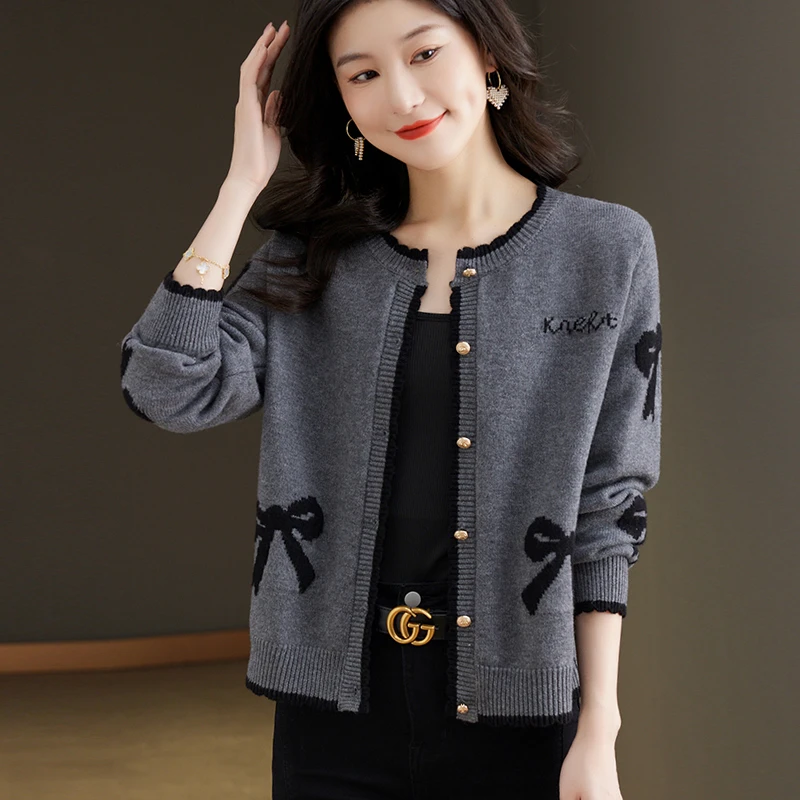 小香风秋季新款羊毛衫针织开衫女士短款圆领时尚提花百搭毛衣外套