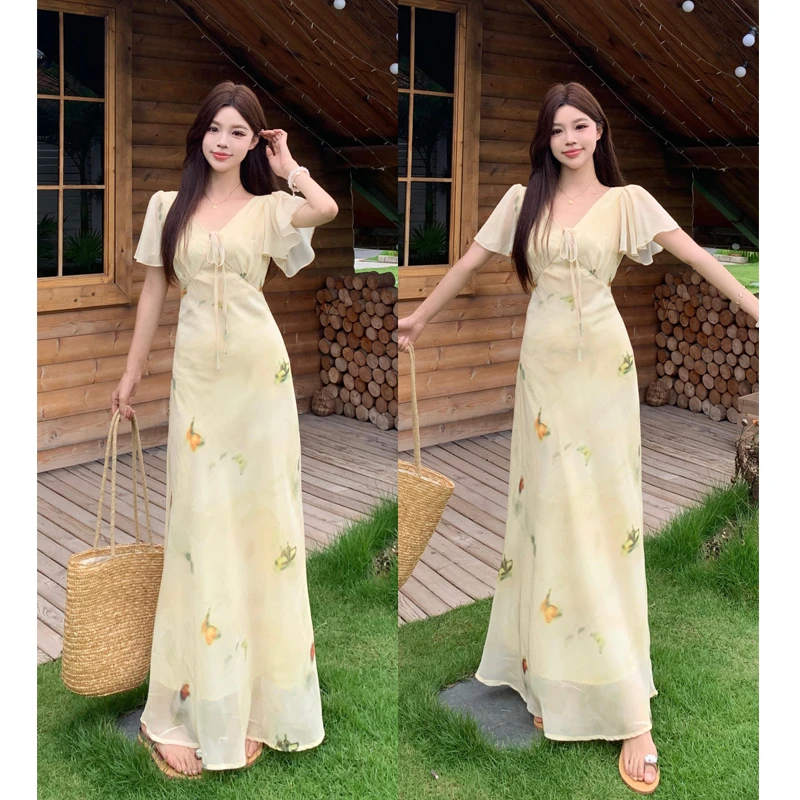 大码夏季法式V领显瘦连衣裙气质温柔风碎花荷叶边高腰系带长裙仙