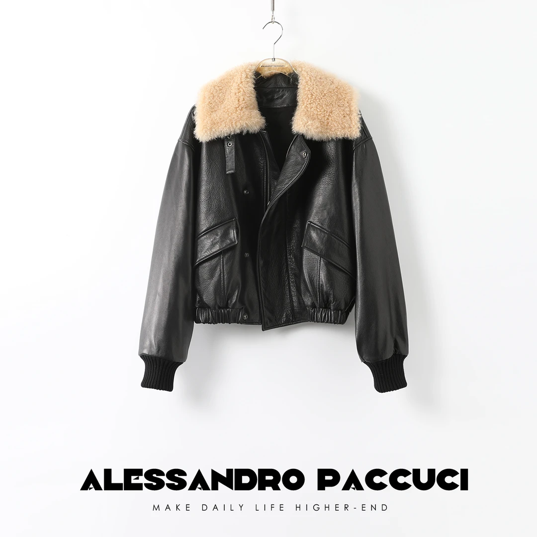 AP洛哥26252【黑标系列】西班牙进口甩纹羊皮毛领黑色夹克皮衣外套