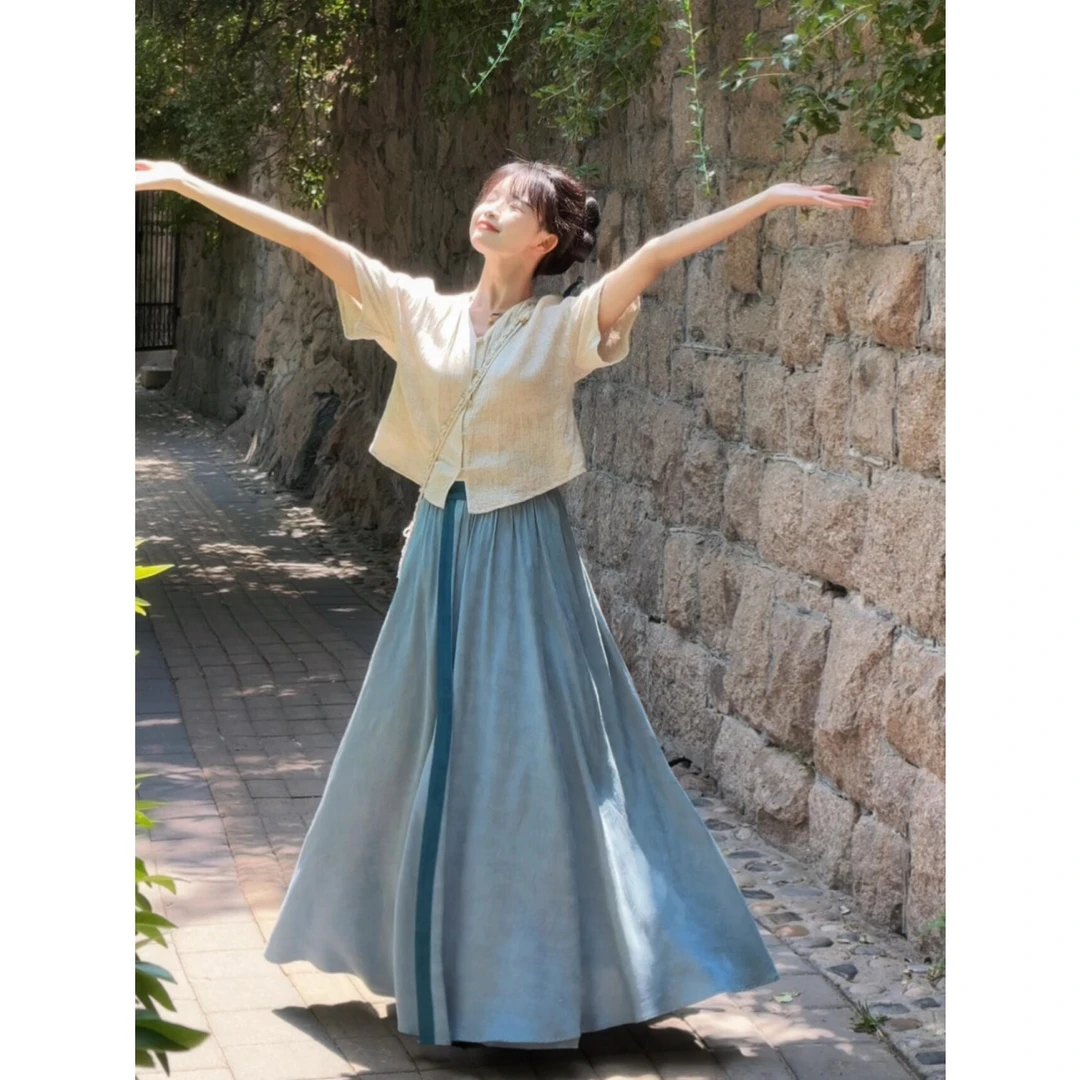 MARIE.COCO新中式国风清冷禅意改良衬衫上衣搭配浅蓝色半身裙套装