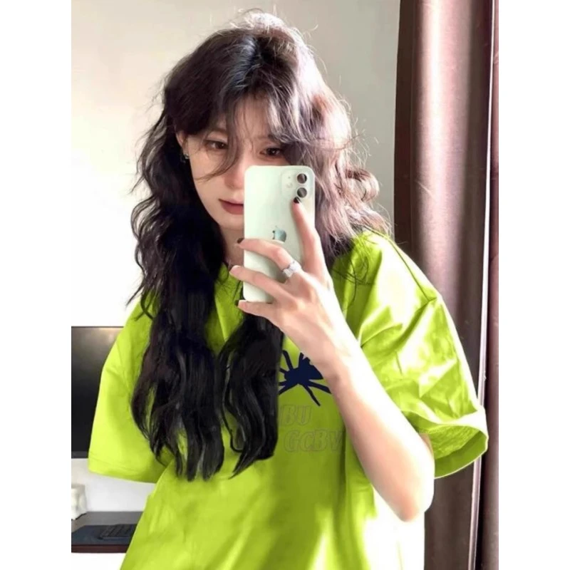 美式荧光绿纯棉短袖t恤女2025新款夏日多巴胺穿搭oversize上衣潮