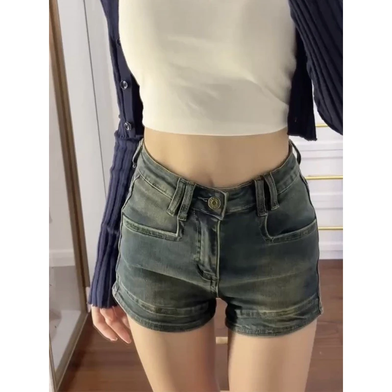 复古弹力牛仔裤女夏季美式辣妹阔腿显瘦短裤薄款低腰直筒裤子女潮