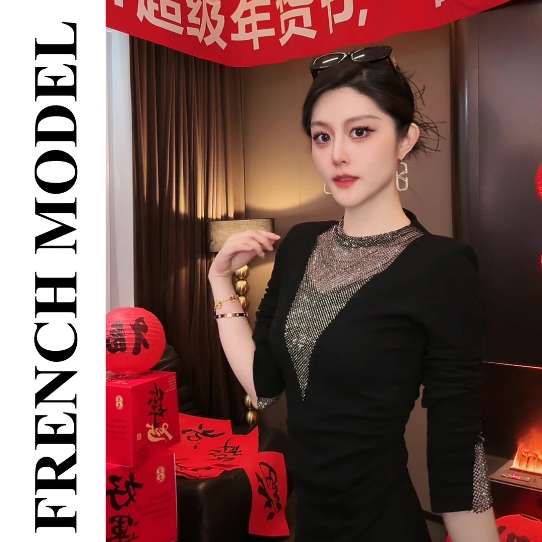 法模FRENCH MODEL  .2024秋冬V领感网纱拼接连衣裙 91060009