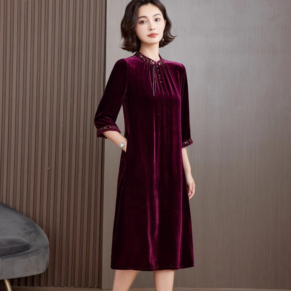 正品真丝绒连衣裙新中式国风桑蚕丝金丝绒中老年妈妈年轻真丝丝绒