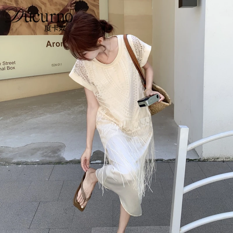法式高级感镂空流苏短袖连衣裙女2025夏季温柔气质显瘦假两件长裙
