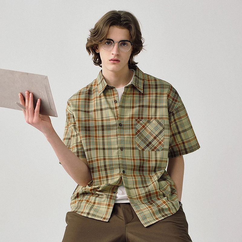 714Street 25SS 格纹休闲短袖衬衫复古夏季衬衣男511286