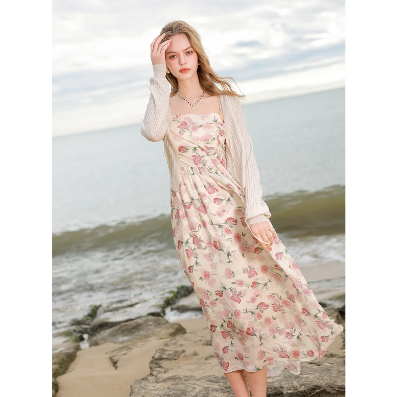 【三彩仙女裙】2025夏季碎花吊带裙雪纺连衣裙显瘦A字长裙女M0043