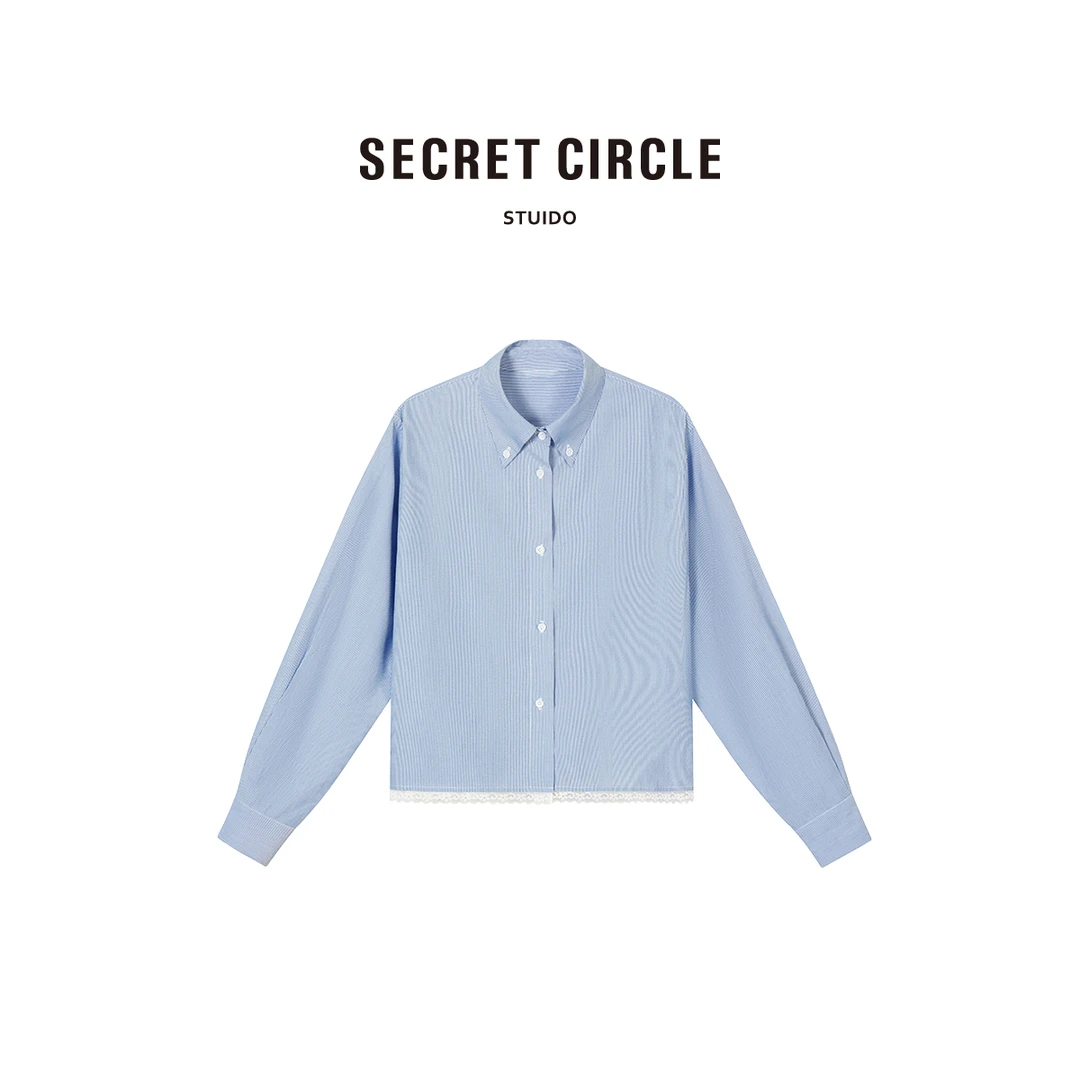 SECRET CIRCLE条纹长袖衬衣POLO领下摆花边纽扣装饰18749