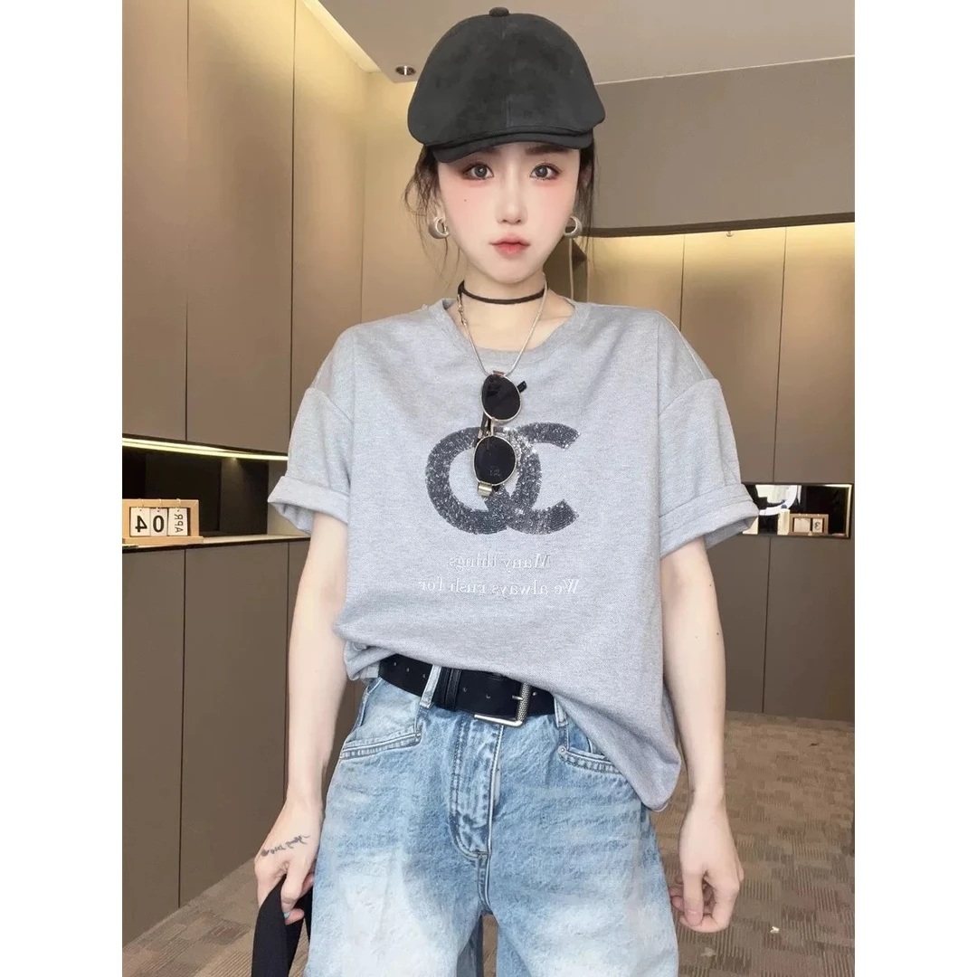 KiKi严选：98030-MT家欧货南油秋季新款重工亮片圆领短袖T恤