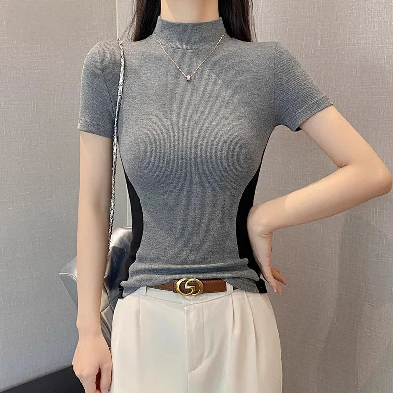 2025新款撞色螺纹半高领短袖t恤女春夏修身打底衫内搭收腰上衣潮