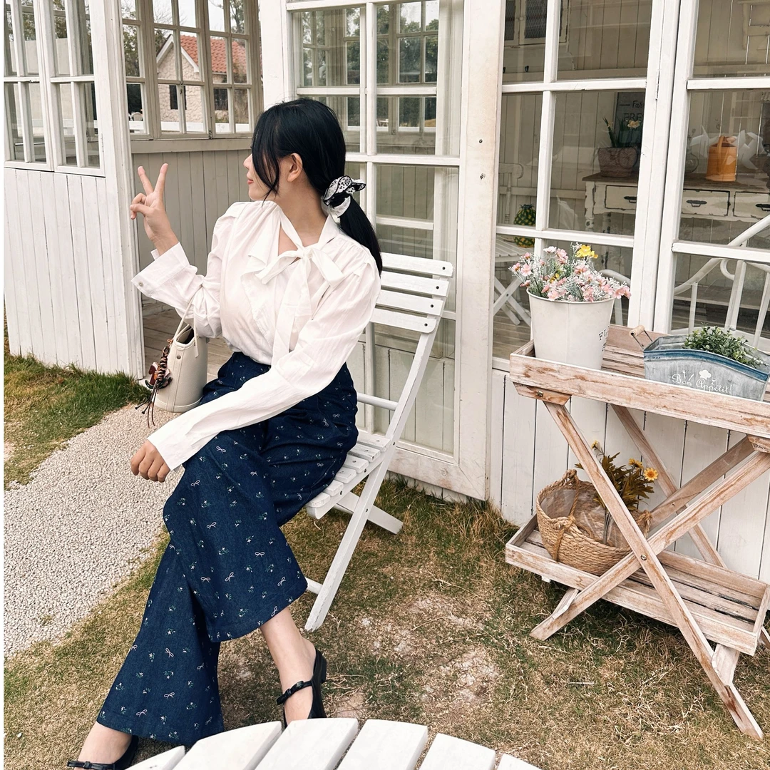 DYY·春款碎花韩版法式阔腿裤时尚百搭休闲复古高腰休闲设计感长裤