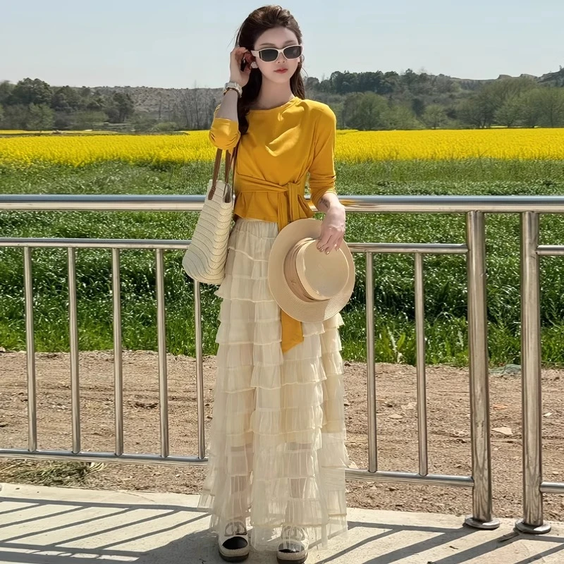 韩版套装裙女黄色斜肩长袖T恤春夏新款温柔系带上衣网纱裙两件套